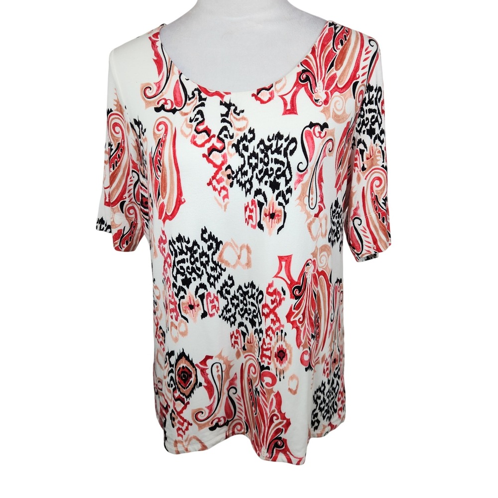 Chico's 2 Red White Black Paisley Ikat Print Short Sleeve T-Shirt Top Sz Large L